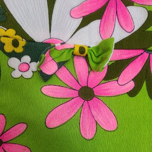 Vtg 70s The Sample Shop Hawaiian Barkcloth Maxi Dress Vibrant Green Pink Retro - Picture 3 of 6
